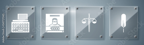 Set Feather pen, Scales of justice, Wanted poster and Retro typewriter. Square glass panels. Vector