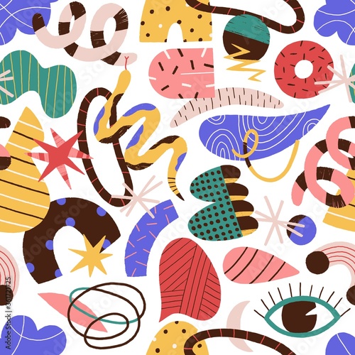 Colorful abstract trendy doodle shapes and objects seamless pattern. Hand dra...