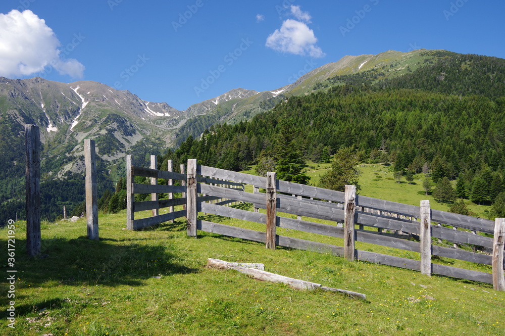 Clôtures cortal en bois en montagne pour garder les vaches dans les pâturages dans les Pyrénées à Prat Cabrere face au canigou