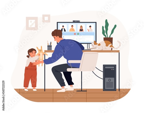 Cute female kid and cat distracting father from work vector flat illustration. Modern man working remotely from home use computer isolated on white background. Remote work disadvantages