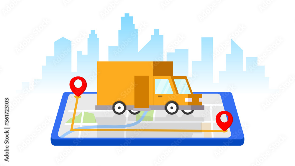 Delivery van and mobile phone with map on city background. Delivery service app on mobile phone.
