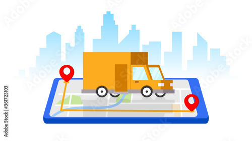 Delivery van and mobile phone with map on city background. Delivery service app on mobile phone.
