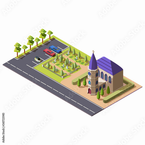 Isometric christian catholic church with cemetery isolated on white background. Religious building with chapel near burial place and parking. Architecture of public cathedral or temple along highway.
