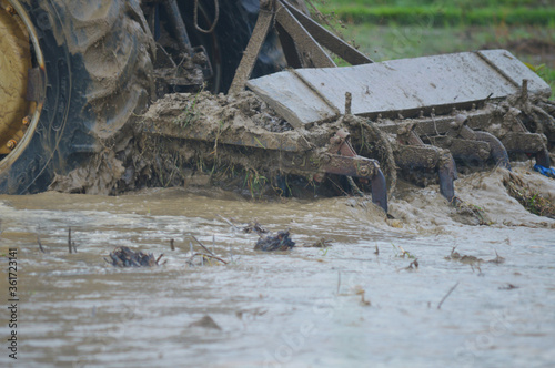 Ploughing wet field with tractor for paddy cultivation