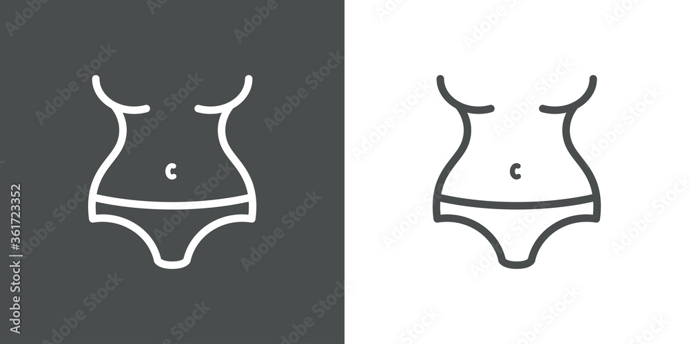 Concepto moda de verano. Icono plano lineal pieza de abajo de bikini en fondo gris y fondo blanco Concepto moda de verano. Icono plano lineal pieza de abajo de bikini en fondo gris y fondo blanco