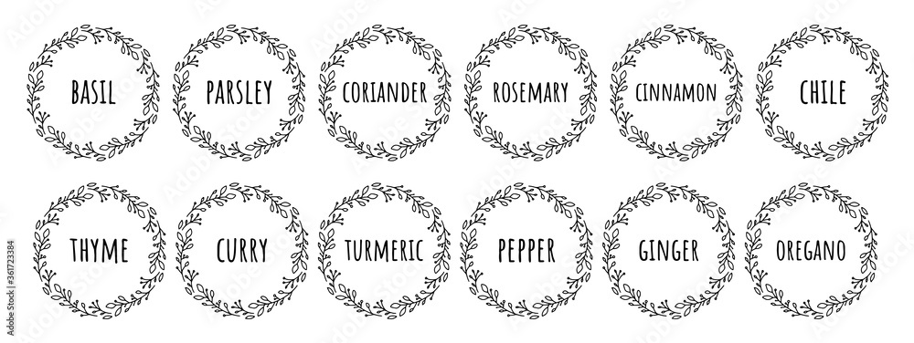 Black white vector food 12 labels or stickers. It can be used for marking food cans, containers with spices. Pepper, basil, garlic and so on. Round botanical frame for each sticker.