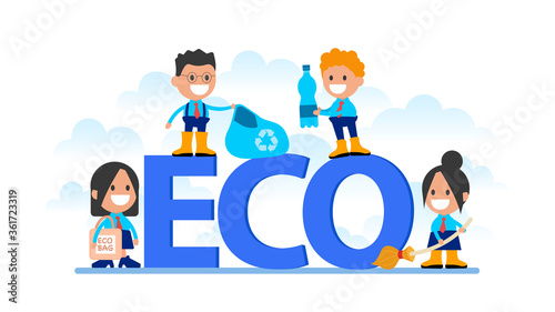 Inscription Eco. People collecting trash. Save the planet. Ecology protection concept.
