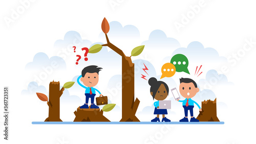 Environmental pollution and ecological problems. Deforestation with many stumps in desert place, nature disaster, cutting down trees.
