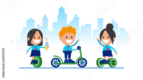 Application for Order, Rent Quick Speed Ecological Transport. Man and Woman Riding Electric Scooter, Hover-board, Unicycle.
