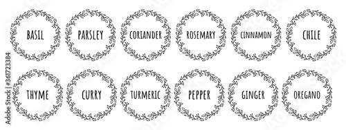 Black white vector food 12 labels or stickers. It can be used for marking food cans, containers with spices. Pepper, basil, garlic and so on. Round botanical frame for each sticker.