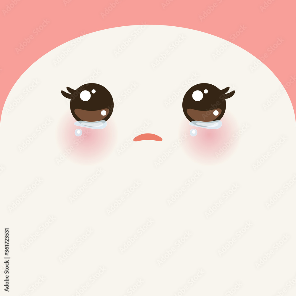 Fototapeta premium Kawaii funny beige muzzle with pink cheeks and big eyes Cute cartoon pet simple Crying Face. portrait on pink background for your text. Vector