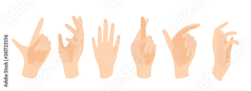 Vector illustration collection of gestures of human white hands isolated. Crossing fingers for good luck, graceful palm position. Template for demonstration of accessories and sketches