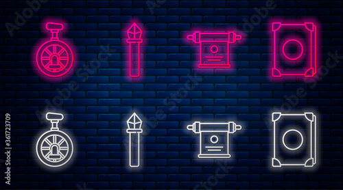 Set line Magic staff, Magic scroll, Unicycle or one wheel bicycle and Ancient magic book. Glowing neon icon on brick wall. Vector