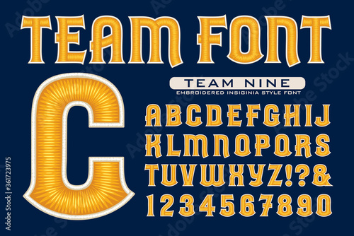 A Font in the Style of Embroidered Insignias for Sports Teams; This Vector Alphabet is Highlighted with 3d stitched thread effects