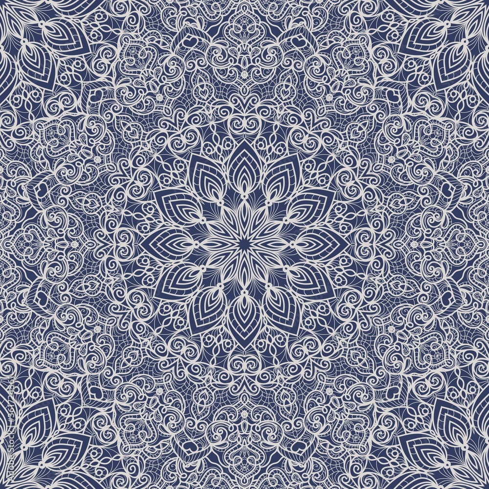 Seamless colorful pattern with Turkish motif. Hand drawn seamless abstract pattern from floral mandala. Majolica pottery tile, blue azulejo. Original traditional Portuguese and Spain decor