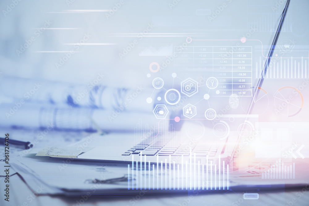 Double exposure of computer and technology theme hologram. Concept of freelance work. Double exposure of computer and technology theme hologram. Concept of freelance work.