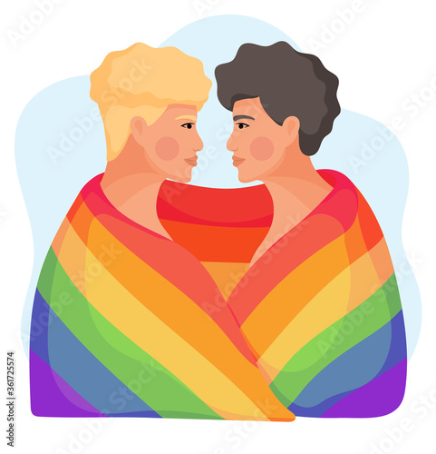 Young homosexual couple hugging with rainbow flag. Concept of equal rights for the lgbt community. Vector illustration.