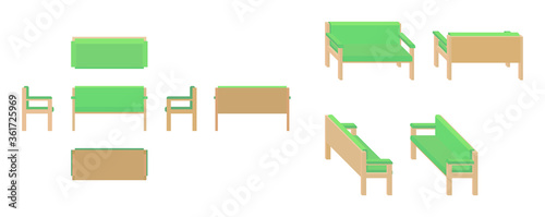 green bench from different angles, isometric