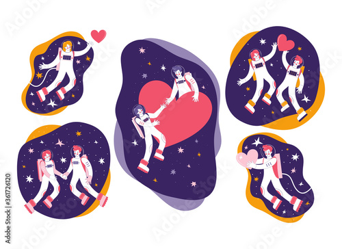 Hand drawn set cartoon characters astronauts in outer space. Cosmonauts man and woman. Loving couple is flying in space among the stars and hearts. Cosmic love in the Universe. Happy Valentine's Day.