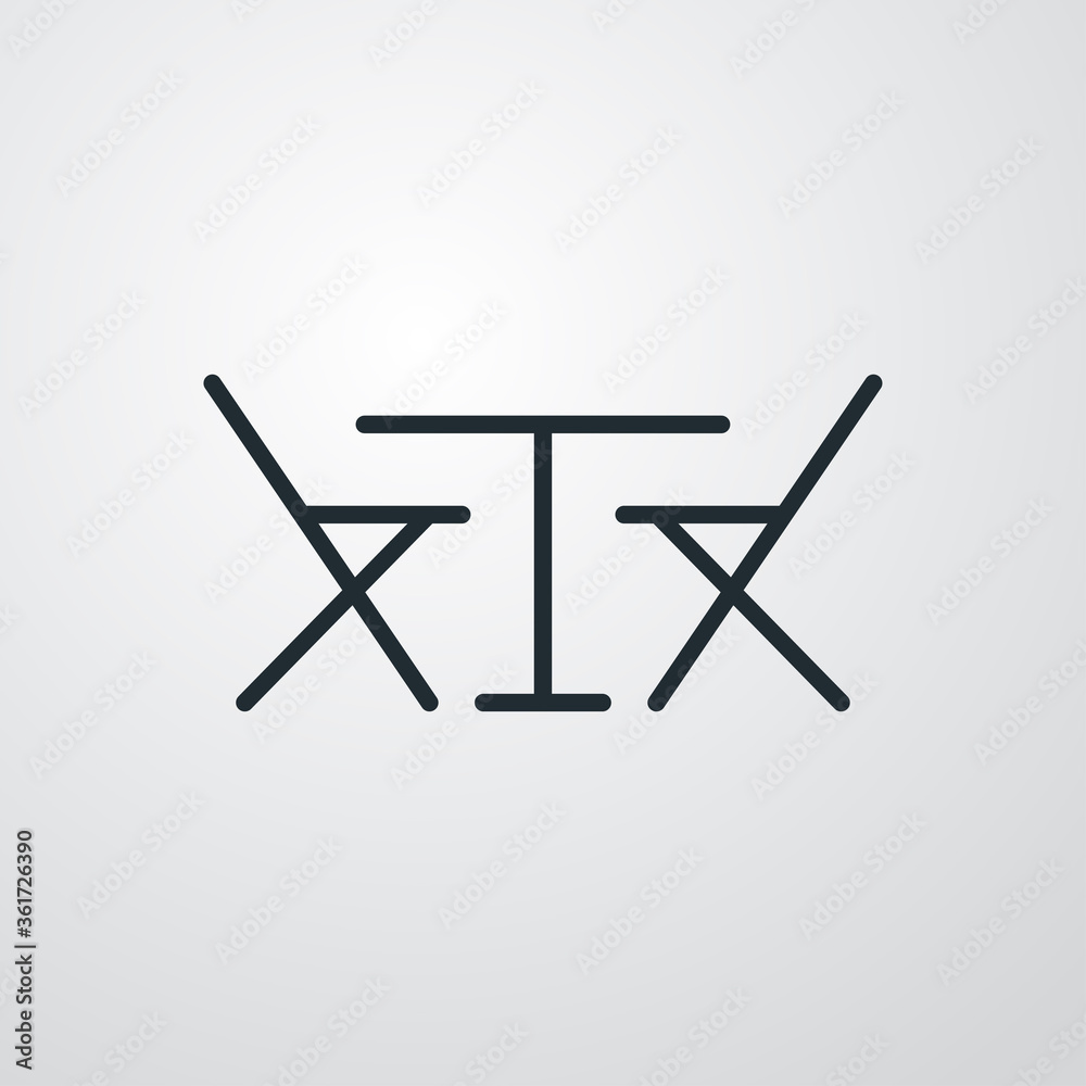 Concepto comedor. Icono plano lineal mesa y 2 sillas plegables en fondo gris