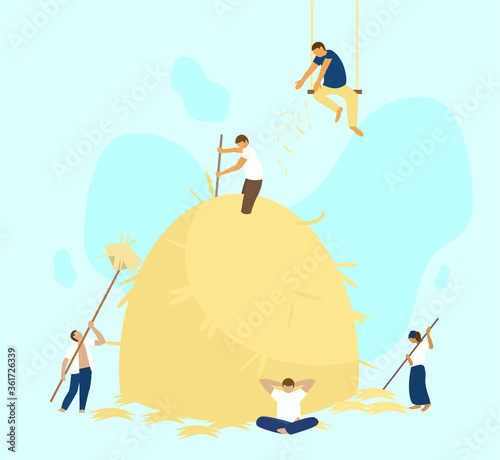 Vector illustration of team work process. People collecting hay to one big  haystack. Team building activity. Roles separation concept.