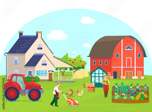 Vector illustration of farm scene. Red barn, vegetable beds, tractor, glass house with plants,apple trees, boxes with vegetables, gardener mowing lawn, chikens pecking at grain, haystacks, flowers.