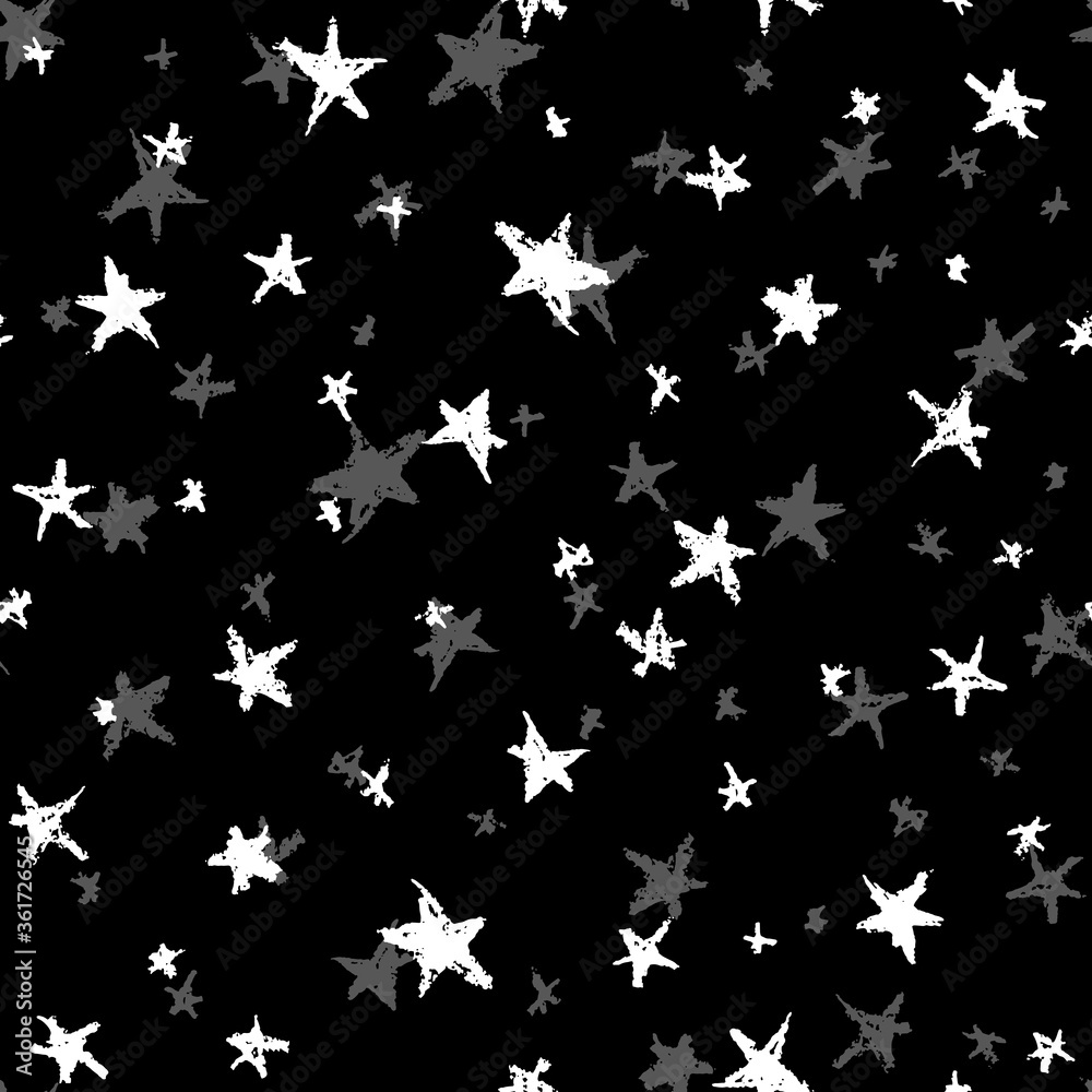 Seamless pattern design abstract sky stars, simple doodle lines scandinavian style background grunge texture. Nursery decor trend of the season, black gray white. Gift wrap fabrics, wallpapers. Vector