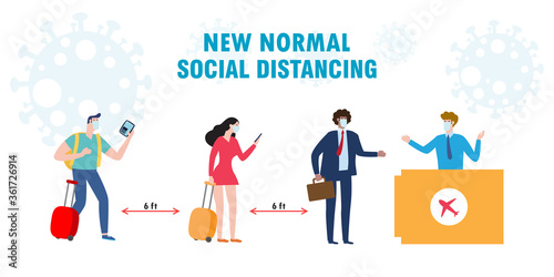 New normal social distancing concept. diverse People Different nationalities wearing medical masks and keep distance at tickets counter queues to protect COVID-19 Coronavirus flat style illustration.