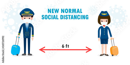 new normal lifestyle concept. social distancing, pilot and stewardess wearing face mask protect coronavirus covid-19, officers and flight attendants pilot and air hostess isolated on white background 