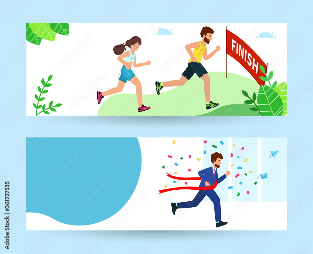 A man and a woman run to race, the finish line. The concept of overcoming difficulties and achieving goals. Vector horizontal Banner in modern flat style.