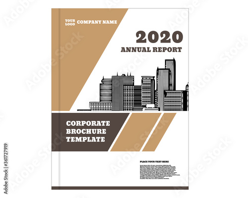 Annual report project with city silhouette in the background. Ready as a template for further commercial use. Layout with business icons.