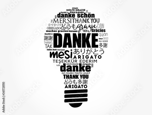 Danke (Thank You in German) light bulb word cloud in different languages