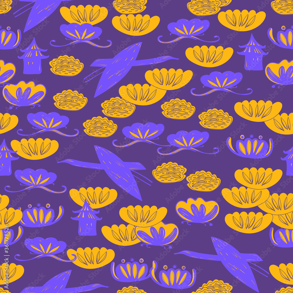 Fototapeta premium Seamless pattern cranes swans, herons birds fly, water lily, simple asian japanese chinese style orange purple background. trend of the season. Can be used for Gift wrap fabrics, wallpapers. Vector