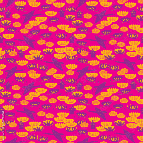 Seamless pattern cranes swans, herons birds fly water lily, simple asian japanese chinese style orange purple pink background. trend of the season. Can be used for Gift wrap fabrics wallpapers. Vector