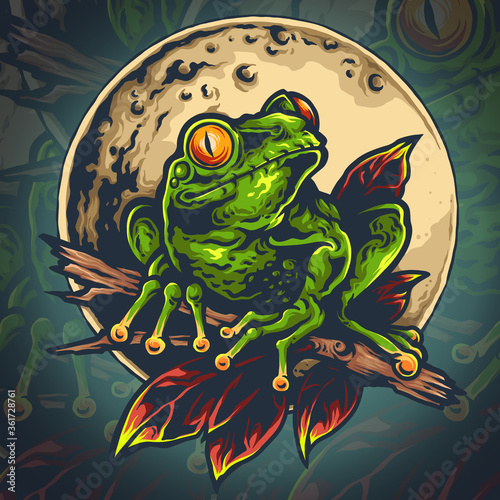 Vector illustration of green frog wih moon background