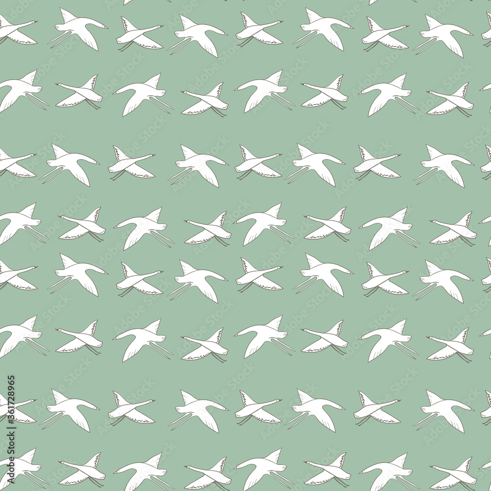 Seamless pattern white cranes swans, herons birds fly, green blue turquoise sky, simple lines scandinavian style background. trend of the season. Can be used for Gift wrap fabrics, wallpapers. Vector Seamless pattern white cranes swans, herons birds fly, green blue turquoise sky, simple lines scandinavian style background. trend of the season. Can be used for Gift wrap fabrics, wallpapers. Vector