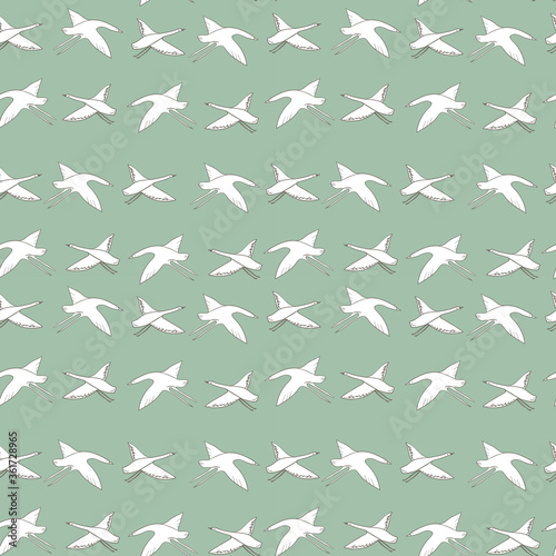 Seamless pattern white cranes swans, herons birds fly, green blue turquoise sky, simple lines scandinavian style background. trend of the season. Can be used for Gift wrap fabrics, wallpapers. Vector