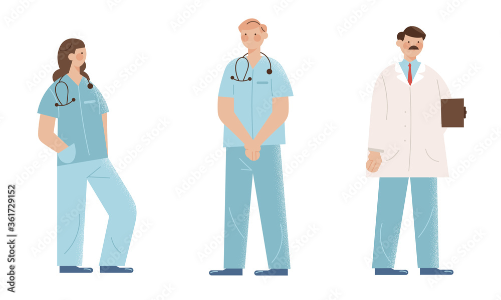 Different doctors in special blue uniform during work
