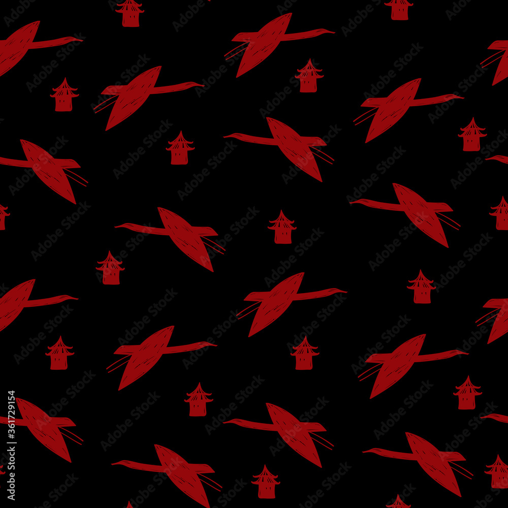 Fototapeta premium Seamless pattern red maroon cranes swans, herons birds fly, pagoda black sky, simple lines scandinavian style background. trend of the season. Can be used for Gift wrap fabrics, wallpapers. Vector
