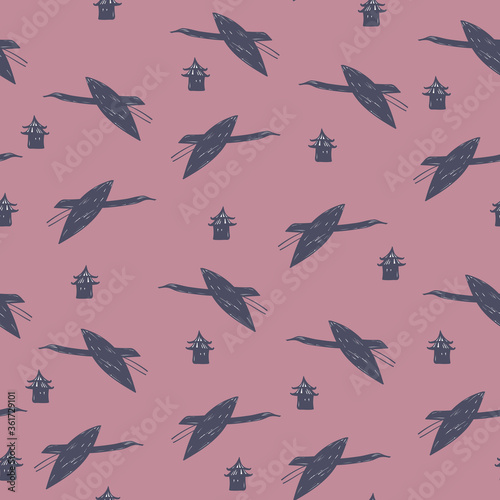 Seamless pattern gray cranes swans  herons birds fly  pagoda pink coral rosy sky  simple lines scandinavian style background. trend of the season. Can be used for Gift wrap fabrics  wallpapers. Vector