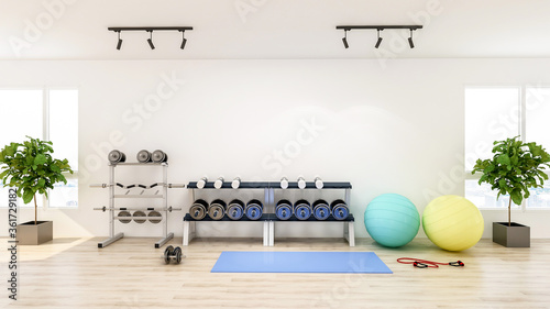 Modern gym interior with sport and fitness equipment, fitness center inteior, 3D Rendering photo