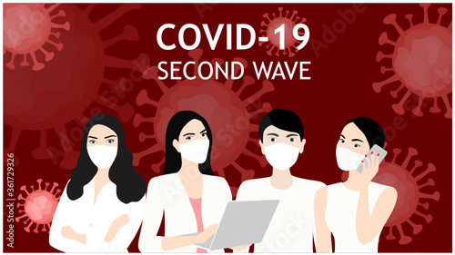 Covid-19 second wave people wearing face mask to prevent from covid-19 disease outbreak vector illustration 