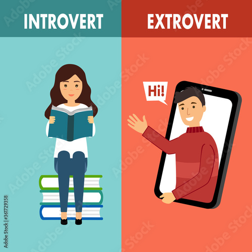 Introvert and extrovert personality character concept vector illustration. Introvert woman enjoy reading book alone. Extrovert man is talkative and enjoy meeting new people. 