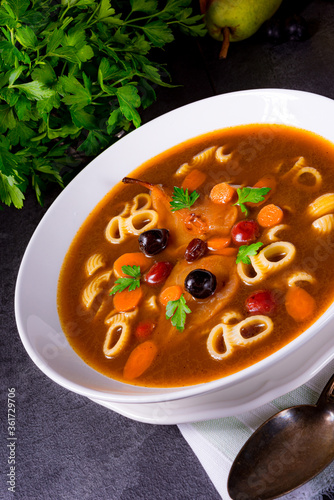 Czerninaa with noodles is a traditional Polish soup photo