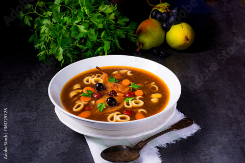 Czerninaa with noodles is a traditional Polish soup photo