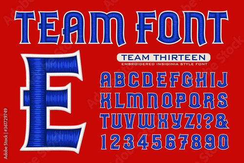 A Font in the Style of Embroidered Insignias for Sports Teams; This Vector Alphabet is Highlighted with 3d stitched thread effects