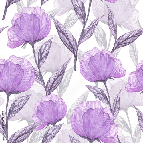 Floral seamless pattern with peonies watercolour. Summer background on white.