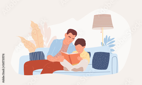 Dad and son spending time together. Family reading with kids at home.  Homeschooling with parents. Dyslexia boy disease concept. Father's day. Alphabet learning vector illustration