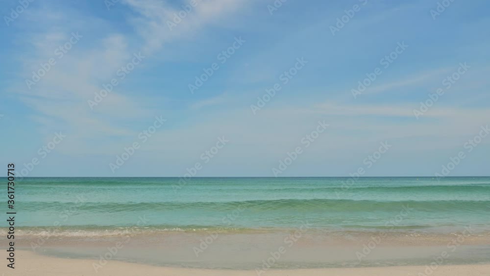 Sky with clouds above the calm water surface at summer sand beach, nature background static shot Sky with clouds above the calm water surface at summer sand beach, nature background static shot