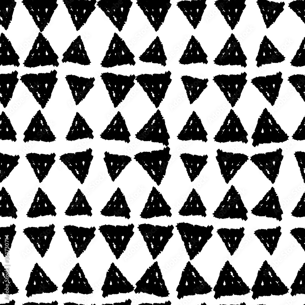 Fototapeta premium Classic vintage seamless pattern with triangles, texture grunge crayons ink. black isolated on White background. Can be used for greeting card design, Gift wrap, fabrics, wallpapers. Vector